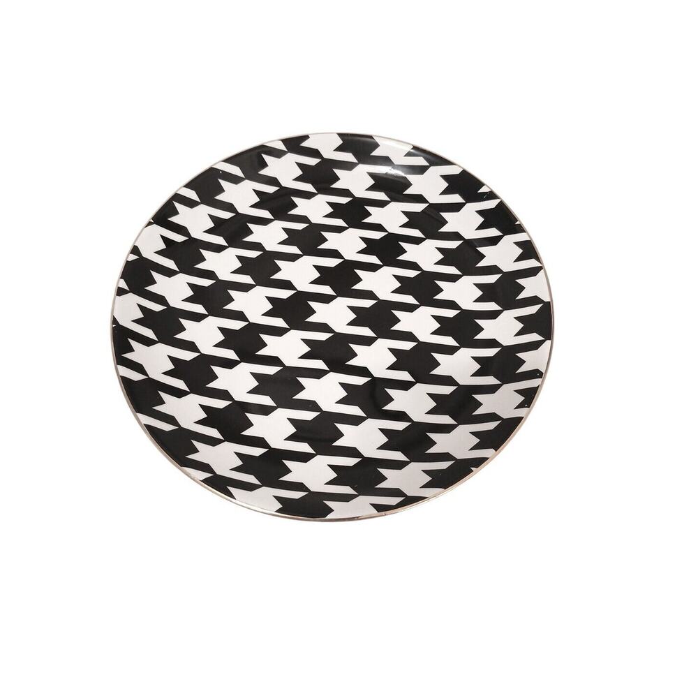 Fresh Decor Plate 7.5" Black White HOUNDSTOOTH Pattern Modern Desert‎ Salad Gold